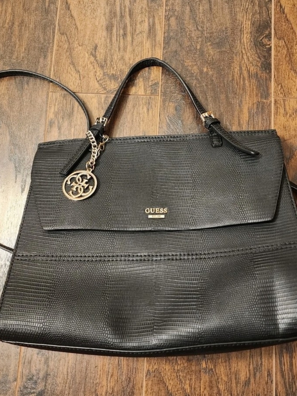 GUESS Black Textured Tote with Logo Gold Charm